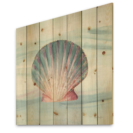 Ocean Shell on Blue - Nautical & Coastal Print on Natural Pine Wood