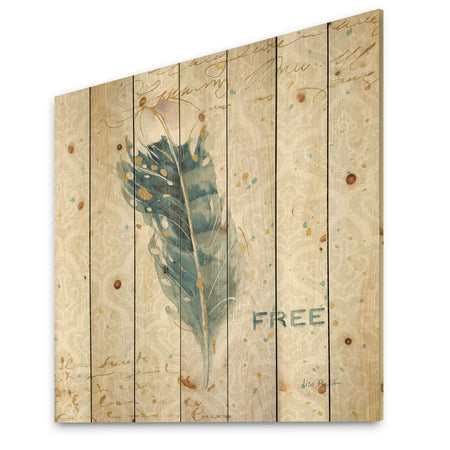 Damask Painted Gilded Feather on Blue - Nautical & Coastal Print on Natural Pine Wood