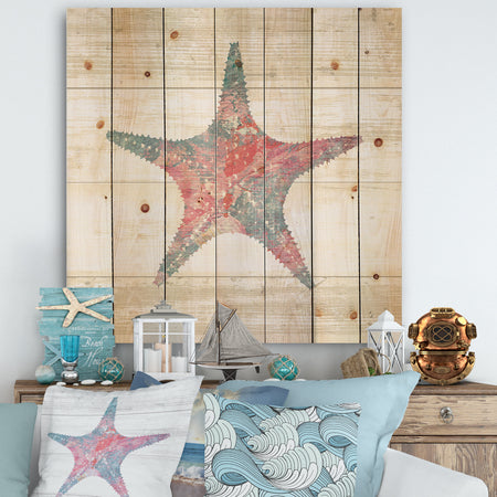 Pink Starfish Ocean Life - Nautical & Coastal Print on Natural Pine Wood
