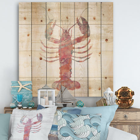 Pink lobster Ocean Life - Nautical & Coastal Print on Natural Pine Wood