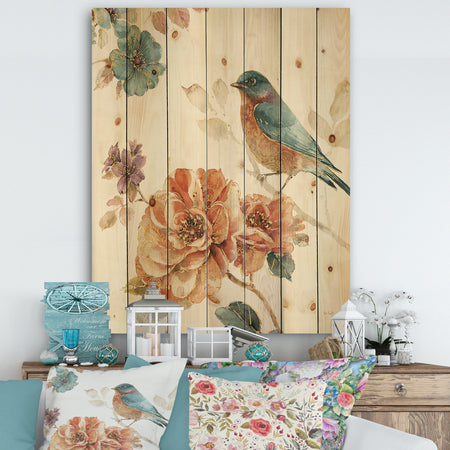 Cottage Bird on Orange Flower Twig - Traditional Print on Natural Pine Wood