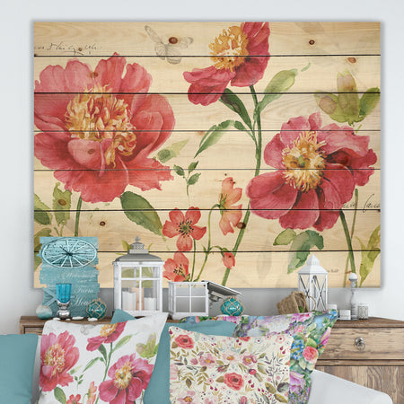 Red Springflowers and Butterfly - Cabin & Lodge Print on Natural Pine Wood