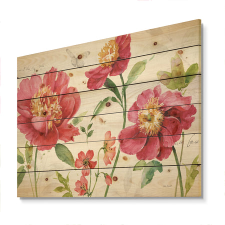 Red Springflowers and Butterfly - Cabin & Lodge Print on Natural Pine Wood