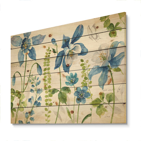 Bluebell and Columbine Wild Flowers with Butterfly - Cabin & Lodge Print on Natural Pine Wood