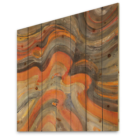 Abstract Gilded Orange Waves - Contemporary Print on Natural Pine Wood