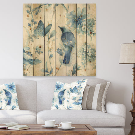 Indigold Bird Cottage Family I - Farmhouse Print on Natural Pine Wood