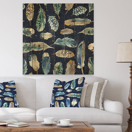 Indigold metallic feathers Pattern - Floral Print on Natural Pine Wood