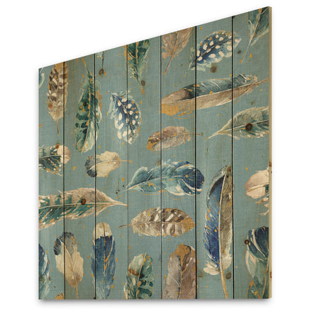 Indigold Feathers Turquoise Pattern - Floral Print on Natural Pine Wood
