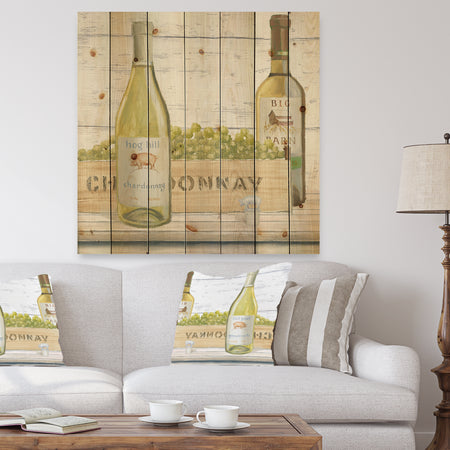 White Chardonnay Wine Bottles - Food and Beverage Print on Natural Pine Wood