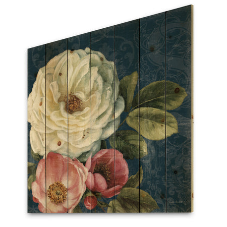 White and Pink Damask Rose Flowers - Farmhouse Print on Natural Pine Wood