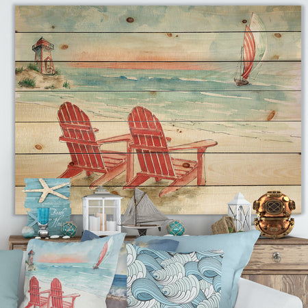 Coastal Chair Relax Beach II - Nautical & Coastal Print on Natural Pine Wood