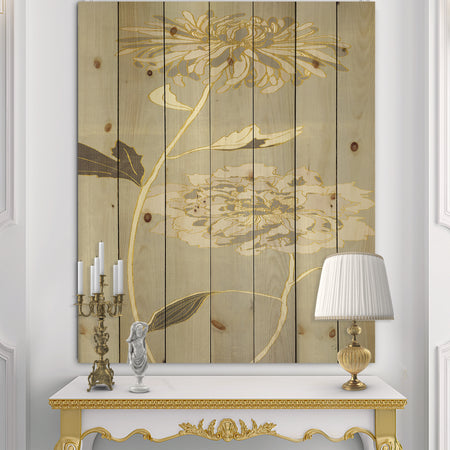 Gold Metallic Floral Garden II - Modern Glam Print on Natural Pine Wood