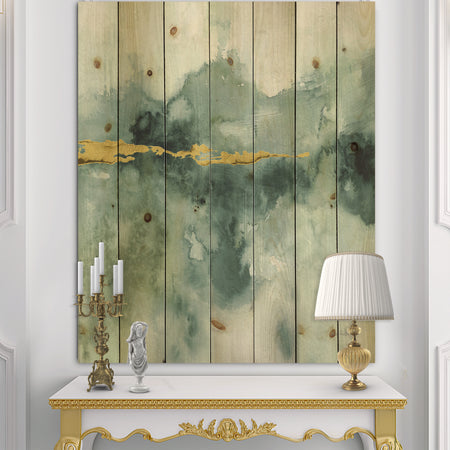 Blue Watercolor Impression with Gold - Traditional Print on Natural Pine Wood