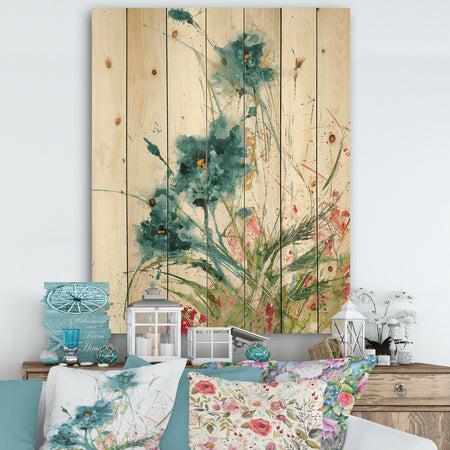 Wild Blue Abstract Farmhouse Flowers - Modern Farmhouse Print on Natural Pine Wood