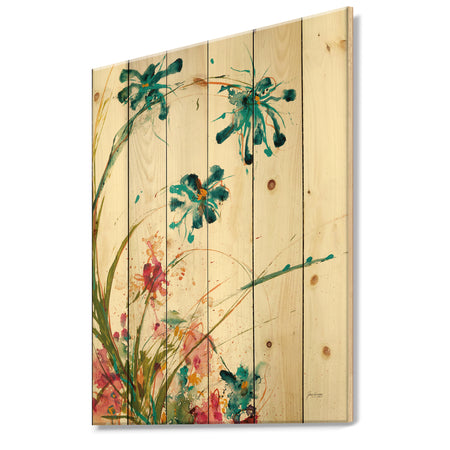 Blue Abstract Blossoming Farmhouse Flowers - Modern Farmhouse Print on Natural Pine Wood