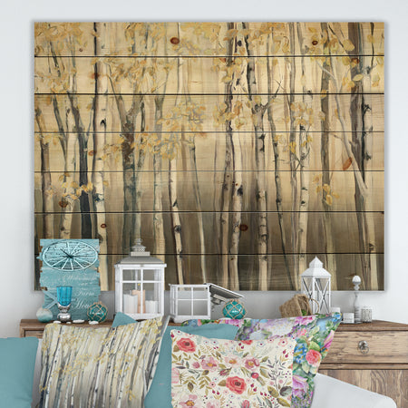 Golden Birch Forest I - Landscapes Print on Natural Pine Wood