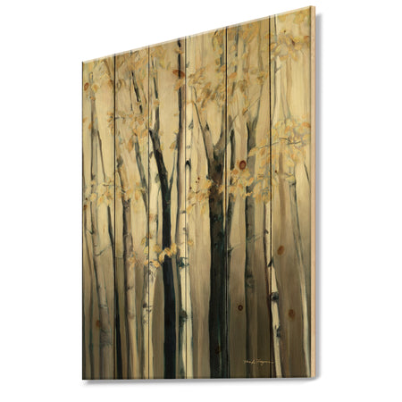 Golden Birch Forest III - Farmhouse Print on Natural Pine Wood