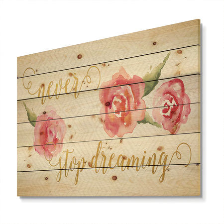 Never Stop Dreaming Gold - Shabby Chic Print on Natural Pine Wood