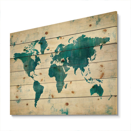 Discover the World Map in Blue - Traditional Print on Natural Pine Wood