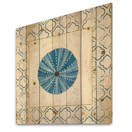 Blue Conch Shell On Blue Coastal Pattern - Nautical & Coastal Print on Natural Pine Wood