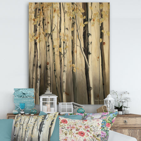 Golden Birch Forest IV - Cabin & Lodge Print on Natural Pine Wood