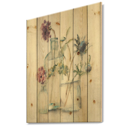 Blossoms on Birch Cottage Bouquet II - Farmhouse Print on Natural Pine Wood