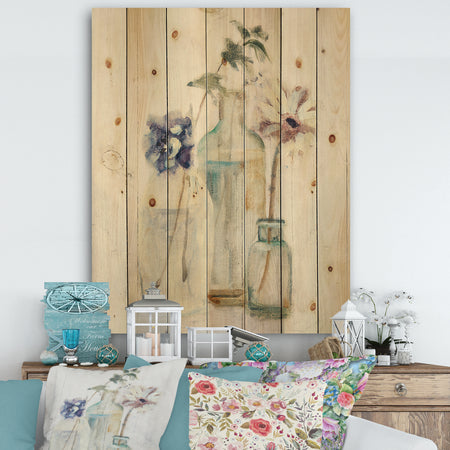 Blossoms on Birch Cottage Bouquet III - Farmhouse Print on Natural Pine Wood
