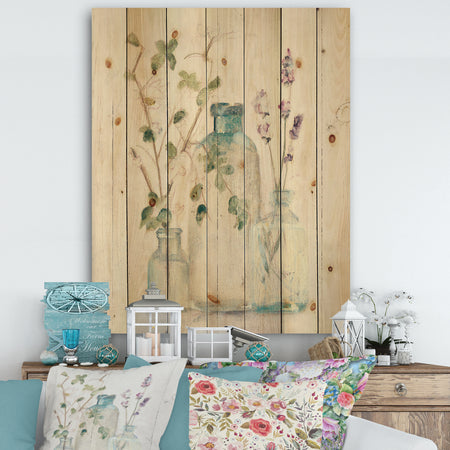 Blossoms on Birch Cottage Bouquet IV - Farmhouse Print on Natural Pine Wood