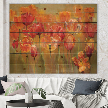 Red Tulips - Traditional Print on Natural Pine Wood