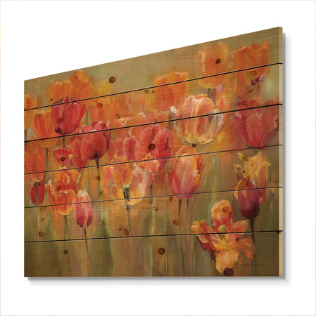 Red Tulips - Traditional Print on Natural Pine Wood
