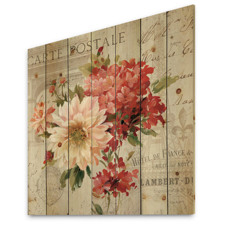 Red Painted Flowers on Vintage Postcard I - Traditional Print on Natural Pine Wood