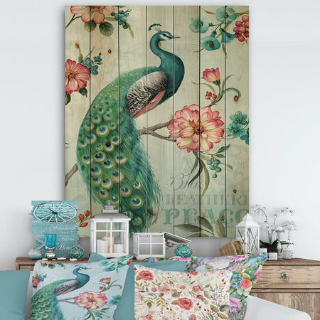 Peacock - Floral and botanical Print on Natural Pine Wood