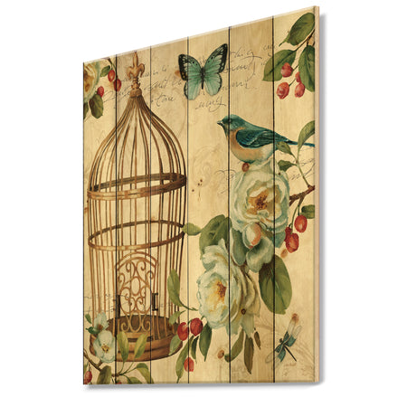 Blue Cottage Bird, Birdcage and Apple Blossoms I - Floral and botanical Print on Natural Pine Wood