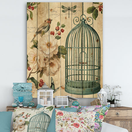 Blue Cottage Bird, Birdcage and Apple Blossoms II - Floral and botanical Print on Natural Pine Wood