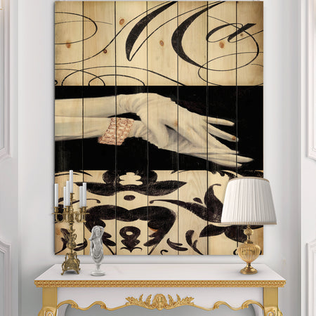 Black And White Fancy Glamorous Gloves - Fashion Print on Natural Pine Wood