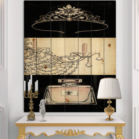 Chandelier, Parfum and Glamorous Tiara - Fashion Print on Natural Pine Wood