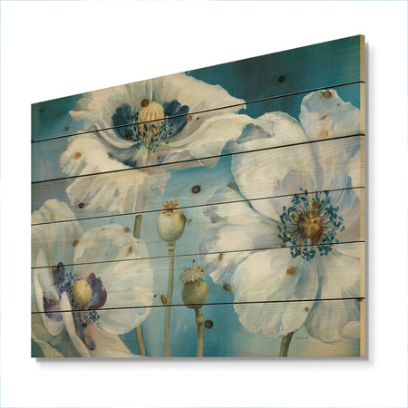 White Flower on Blue II - Farmhouse Print on Natural Pine Wood