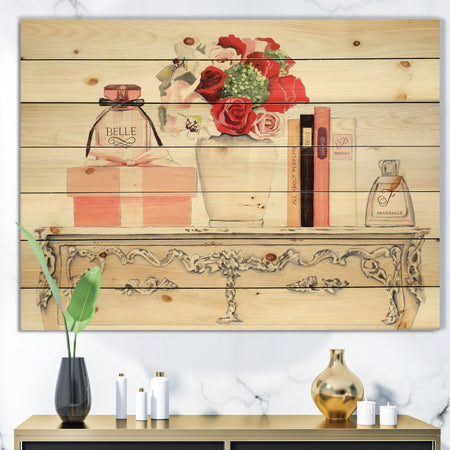 Roses, Fragrance and Glamorous Belle Parfum - Fashion Print on Natural Pine Wood