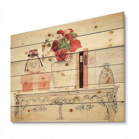 Roses, Fragrance and Glamorous Belle Parfum - Fashion Print on Natural Pine Wood