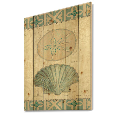 Seastar and Blue Sea Shell II - Nautical & Coastal Print on Natural Pine Wood