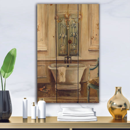 Vintage Paris Bathtub Painting - Traditional Bathroom Print on Natural Pine Wood