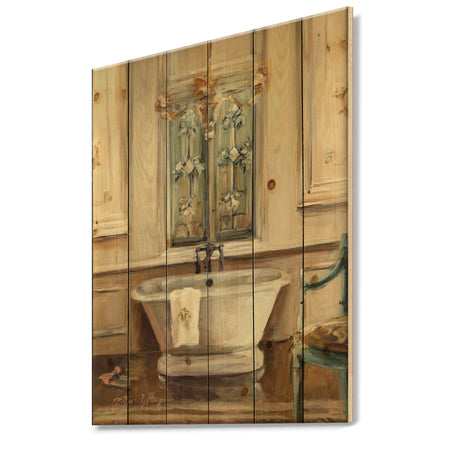 Vintage Paris Bathtub Painting - Traditional Bathroom Print on Natural Pine Wood