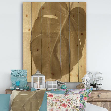 Botanical Beige Retro Leaf - Lake House Print on Natural Pine Wood