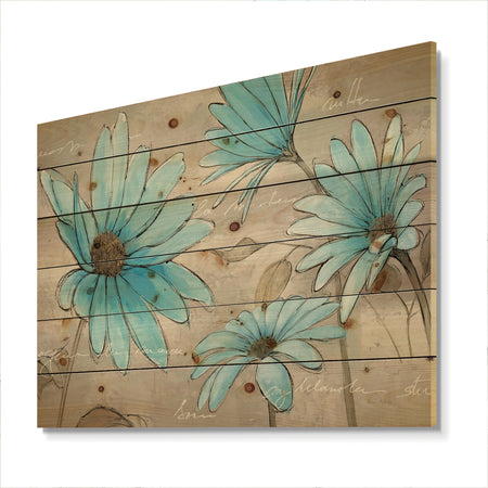 Indigo Leucanthemum Cottage Flower - Traditional Print on Natural Pine Wood