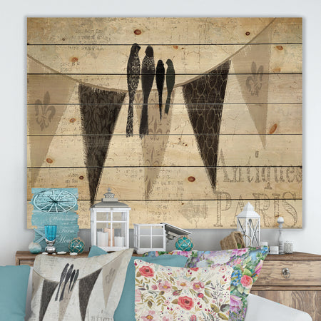 French Bird Flea Market III - Farmhouse Print on Natural Pine Wood