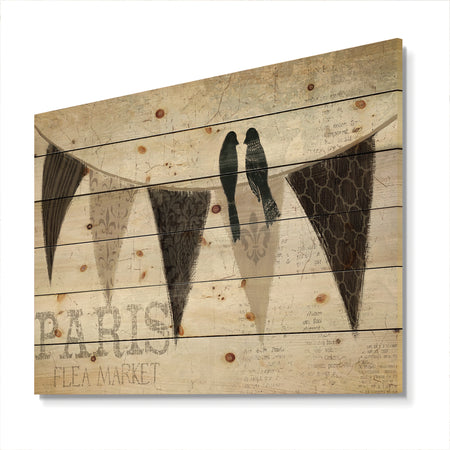 French Bird Flea Market IV - French Country Print on Natural Pine Wood