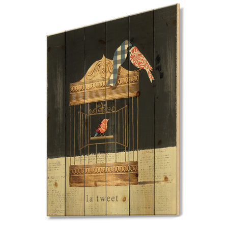Tweet Gold Birdcage Collage - Traditional Print on Natural Pine Wood