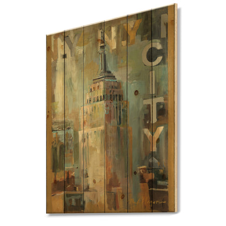 Gold Vintage Empire State Building I - Vintage Architecture Print on Natural Pine Wood