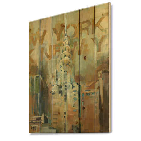 Gold Vintage Empire State Building II - Vintage Architecture Print on Natural Pine Wood