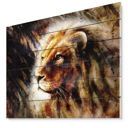 Majestically Peaceful Lion - Animal Art Print on Natural Pine Wood